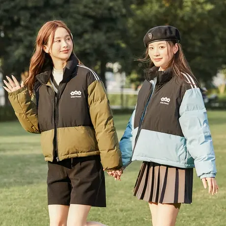 唐狮女立领学院织带拼接羽绒服冬撞色外套小个子设计感短款羽绒服图片