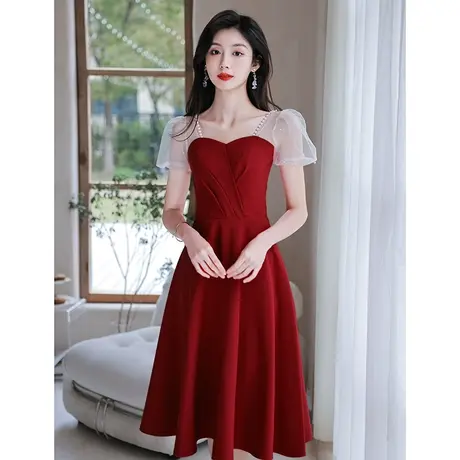 法式敬酒服新娘夏季红色小晚礼服连衣裙平时可穿订婚回门便装纱袖图片