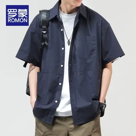 罗蒙工装衬衫男士夏季薄款潮牌百搭翻领衬衣纯棉宽松男生休闲上衣图片