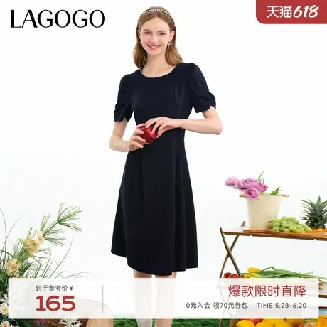 LAGOGO藏青色高腰简约连衣裙女拉谷谷夏季新款通勤泡泡袖A字裙图片