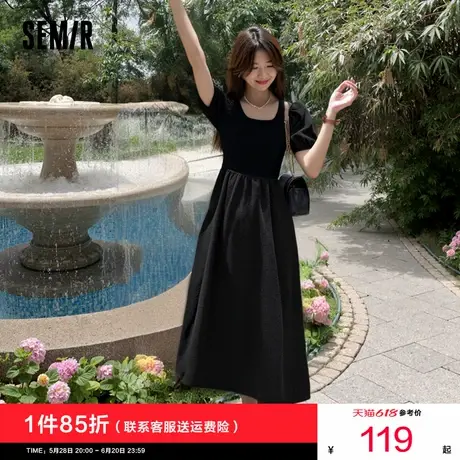 [商场同款]森马连衣裙女泡泡袖修身2024新款夏拼接收腰肌理中长裙图片