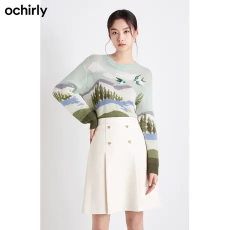 【百亿补贴官方直播】欧时力羊毛针织毛衣女秋装撞色提花绣章图片