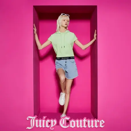 Juicy Couture橘滋新款清新靓丽撞色女装松紧连帽短袖针织衫图片