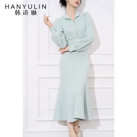 法式气质连衣裙女2025新款设计感小众显瘦春秋款绿色长袖鱼尾裙子图片