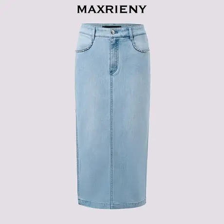 【奥莱】MAXRIENY精致浪漫感半身裙高腰开衩牛仔裙中长款图片