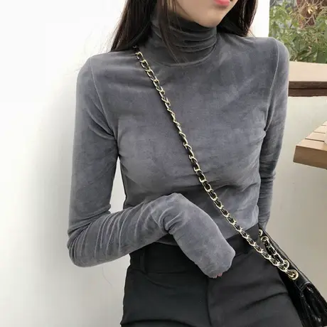 高领内搭洋气百搭德绒长袖t恤加绒保暖上衣春秋冬金丝绒打底衫女图片