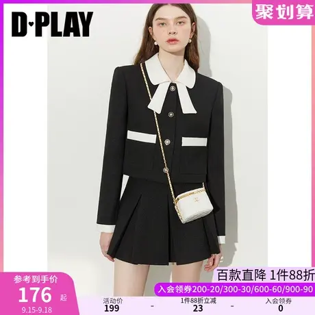 DPLAY2023秋装经典黑撞色轻奢异形翻领蝴蝶结名媛短款西装外套图片