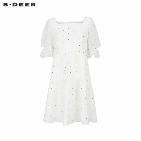 sdeer圣迪奥女装甜美方领波点网纱碎褶连衣裙S222Z12K2图片