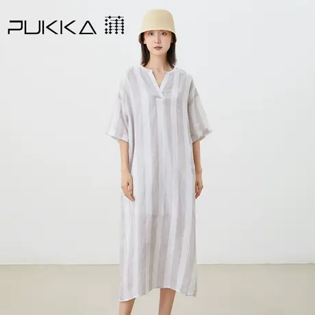 蒲PUKKA 春夏纯亚麻色织北欧极简风宽松舒适短袖连衣裙图片