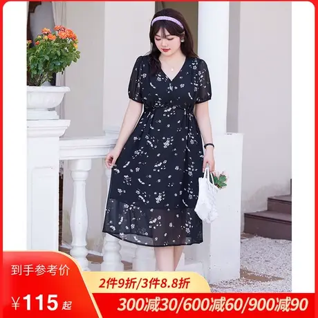 2023夏季新款大码女装显瘦胖MM连衣裙雪纺碎花气质V领垂坠感长裙图片
