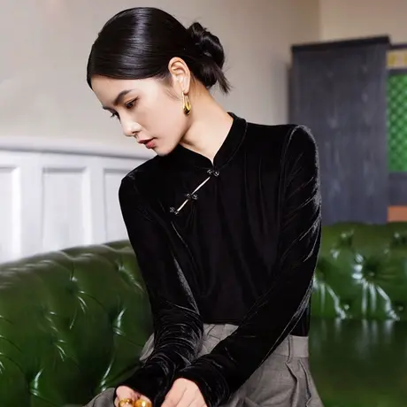 丝绒打底衫黑色中式国风上衣秋装女2023新款旗袍盘扣加绒内搭t恤图片