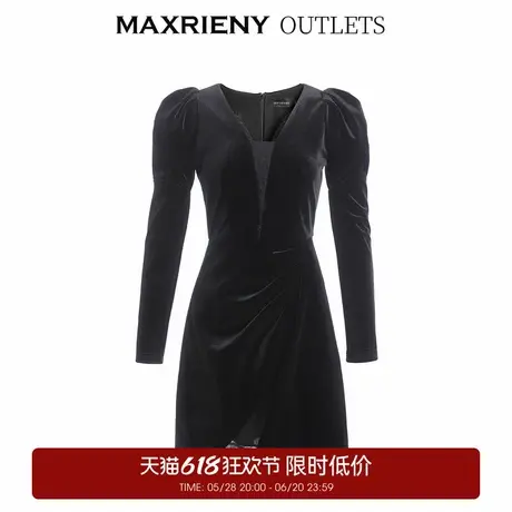 【奥莱】MAXRIENY丝绒礼服短裙子女冬款V领泡泡袖连衣裙图片