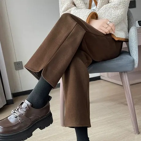 九分毛呢裤女秋冬高腰小个子休闲阔腿直筒裤子加绒加厚烟管西装裤图片