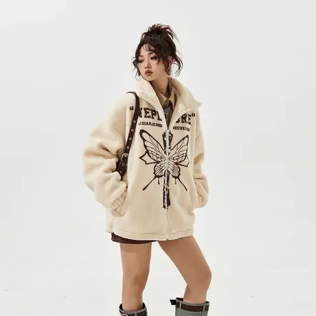 YEP设计感潮牌棉服女冬季加厚外套2023新款美式复古宽松毛毛棉衣图片