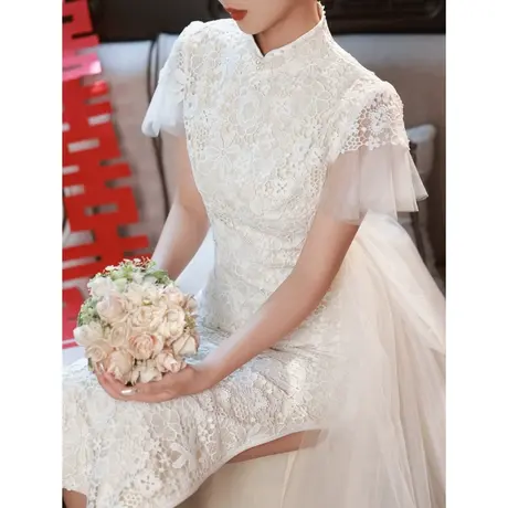 白色蕾丝旗袍敬酒服2023新娘结婚轻婚纱订婚礼服连衣裙夏季蝴蝶结图片