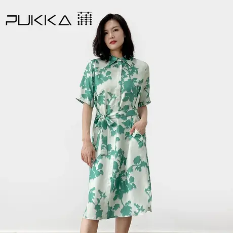 蒲PUKKA 夏季江南水乡精致系带收腰法式真丝印花连衣裙图片