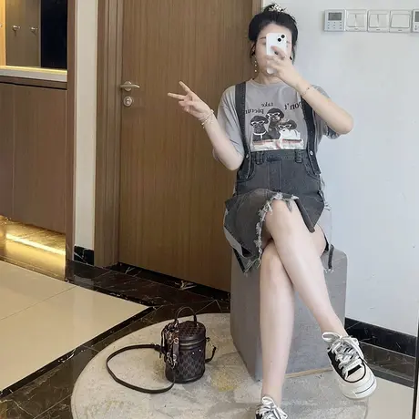 2023装夏装装新款时尚短袖圆领T恤裙牛仔拼接两件套裙大码胖mm女图片