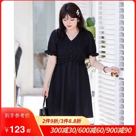 2023夏季新款v领法式复古小黑裙橡筋收腰显瘦大码胖MM雪纺连衣裙图片