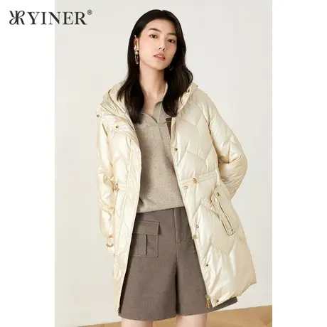 YINER音儿奥莱女装冬季中长款波浪纹连帽羽绒服图片