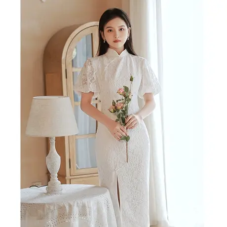 旗袍小晚礼服连衣裙女轻奢小众高端订婚领证登记中式白色蕾丝夏季图片