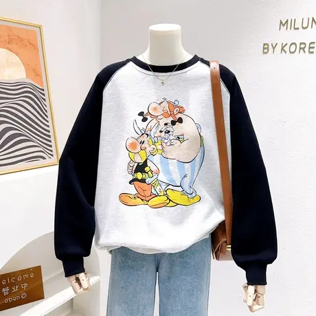 韩代同款上衣2023秋新款chic港风原宿趣味搞怪插肩袖宽松卫衣大码图片