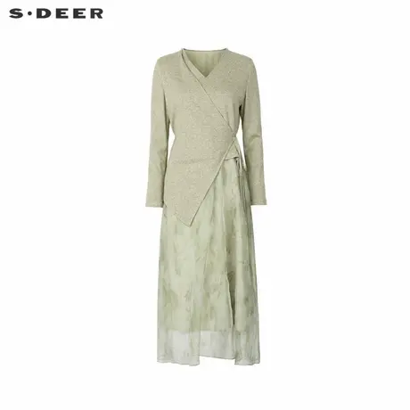 sdeer圣迪奥女装优雅V领收腰印花欧根纱连衣裙S244Z1215图片