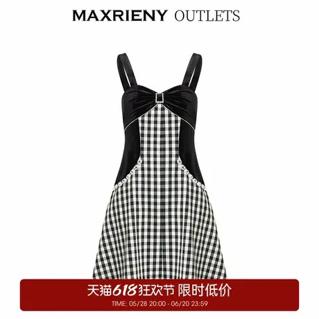 【奥莱】MAXRIENY复古黑白格露肩吊带小黑裙装连衣裙图片