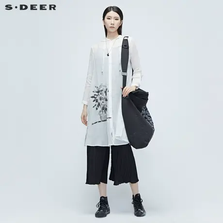 sdeer圣迪奥女装夏季上衣小众植物印花连帽长款衬衫S20280509图片