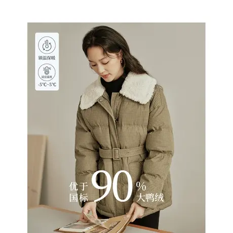 白鸭绒羽绒服2023冬女装新款羊羔毛翻领腰带长袖收腰显瘦外套图片