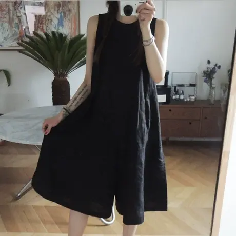 棉麻阔腿裤女夏七分宽松大码显瘦休闲裤无袖连体裤时尚百搭连体衣图片