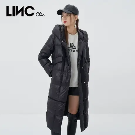LINC金羽杰羽绒服女2023冬新款拼接连帽反季断码女款中长款羽绒服图片