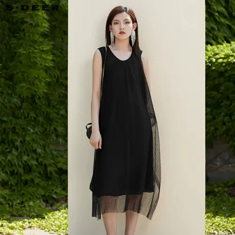 sdeer圣迪奥女装夏季网纱长裙拼接气质无袖黑色连衣裙S20281264图片