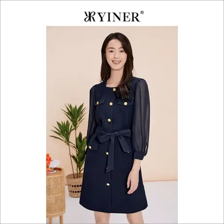YINER音儿线上专选女装2023春季方领收腰连衣裙气质高级感图片