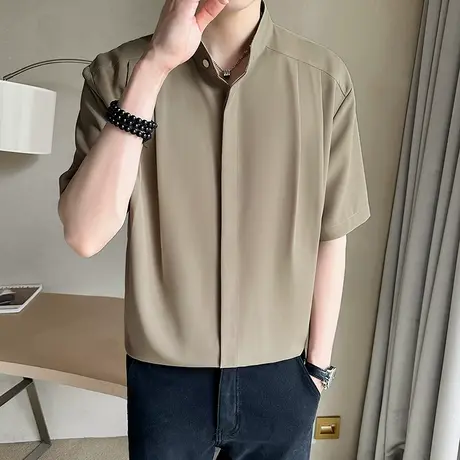 衬衫男士短袖夏季薄款ins潮牌冰丝垂感五分休闲宽松立领中袖衬衣商品大图