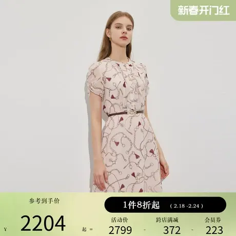 Scofield女装高级感印花连衣裙蓝色短袖抽褶雪纺裙夏季裙子图片