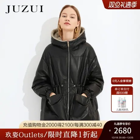 【3折】JUZUI玖姿奥莱官方冬羊皮连帽抽绳水貂毛领女羽绒服外套图片