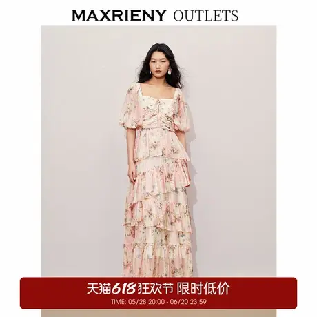 【奥莱】MAXRIENY大方领浪漫复古抽褶连衣裙图片