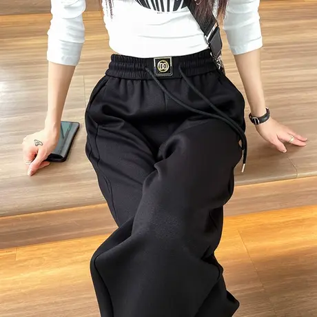 黑色九分哈伦裤女春秋新款高腰显瘦宽松百搭抽绳休闲萝卜直筒裤子图片