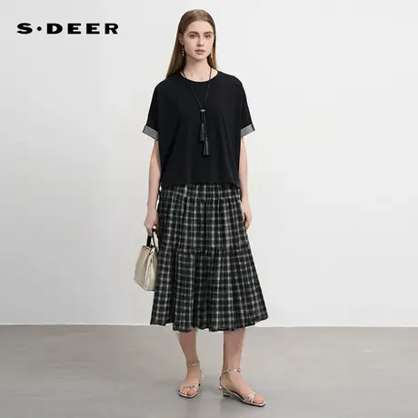 sdeer圣迪奥女装田园风松紧高腰撞色格纹长裙S252Z1105图片