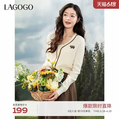 LAGOGO立体小熊V领针织衫女拉谷谷2025年春季新款可爱简约开衫图片