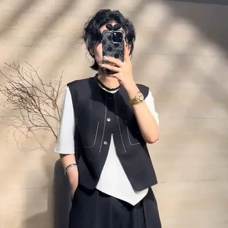 2025秋季新款欧货明线假口袋西装马甲外套女百搭设计感坎肩上衣潮图片
