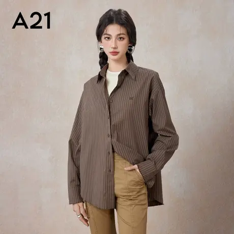 A21女装宽松翻领条纹长袖衬衫春秋季梭织新品休闲百搭慵懒风上衣图片