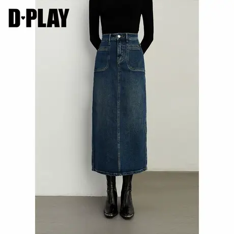 DPLAY冬季休闲蓝色高腰水洗牛仔半身裙显瘦中长款半身裙女图片