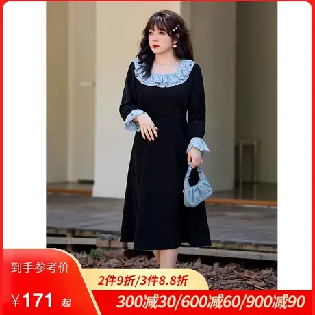 秋冬新款大码女装法式赫本风小黑裙收腰显瘦胖mm长袖磨毛连衣裙图片
