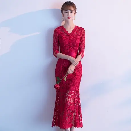 订婚小礼服平时可穿连衣裙女鱼尾敬酒服新娘2024新款夏季红色蕾丝图片