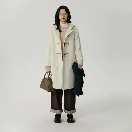 omont蛋挞家 连帽牛角扣羊毛大衣女秋冬2023新款中长款毛呢外套图片