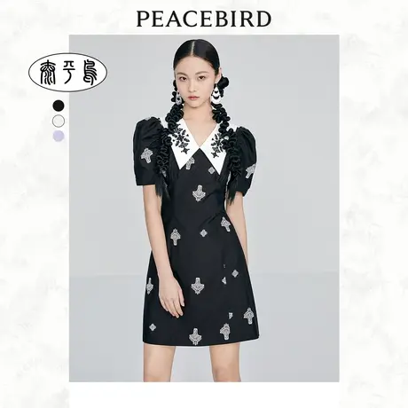 太平鸟国风刺绣连衣裙女2023夏季新款设计感小众收腰修身碎花裙图片