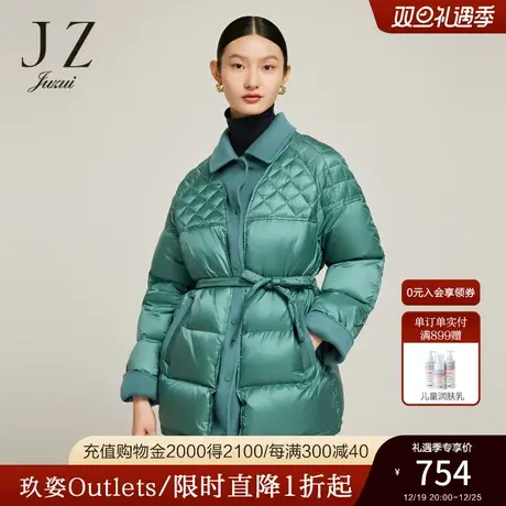 JZ玖姿几何格纹绗缝羽绒服2022冬季新款双面呢拼接保暖外套图片