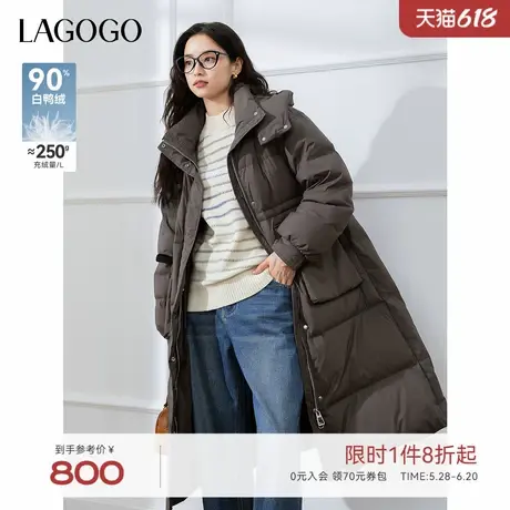 【防钻绒】LAGOGO灰色长款羽绒服女拉谷谷2024年冬款巴恩风外套图片