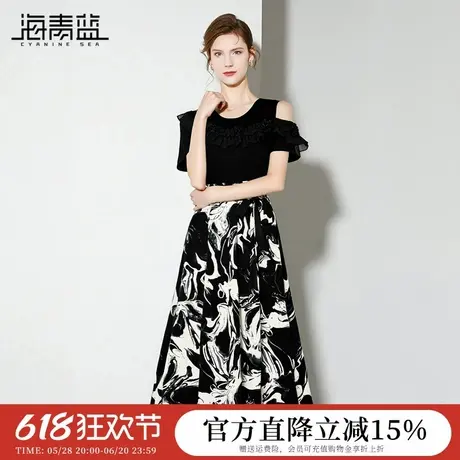 海青蓝 露肩袖连衣裙女2025新款夏设计感小众高级时尚气质女装裙图片